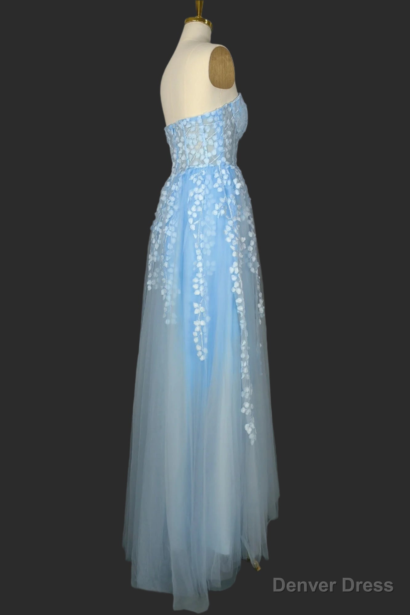 Light Blue Sweetheart Tulle Lace Prom Dress Long Prom Dresses