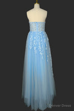 Light Blue Sweetheart Tulle Lace Prom Dress Long Prom Dresses