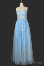 Light Blue Sweetheart Tulle Lace Prom Dress Long Prom Dresses