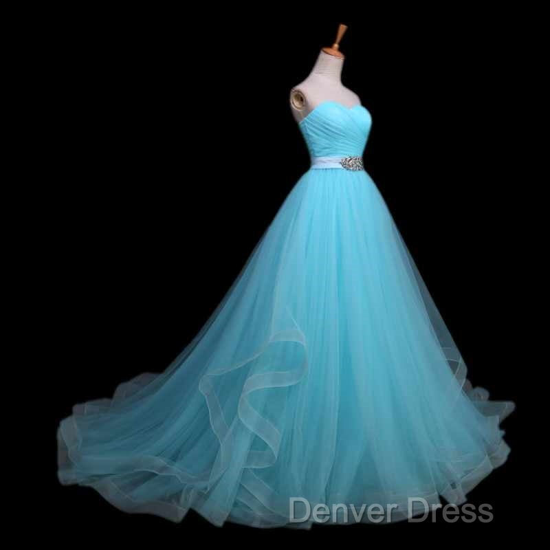 Light Blue Sweetheart Tulle Long Prom Dress With Belt, Charming Tulle Sweet 16 Dresses