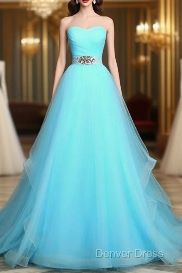 Light Blue Sweetheart Tulle Long Formal Dresses With Belt, Charming Tulle Sweet 16 Dresses Main image