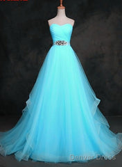 Light Blue Sweetheart Tulle Long Formal Dress With Belt, Charming Tulle Sweet 16 Dresses