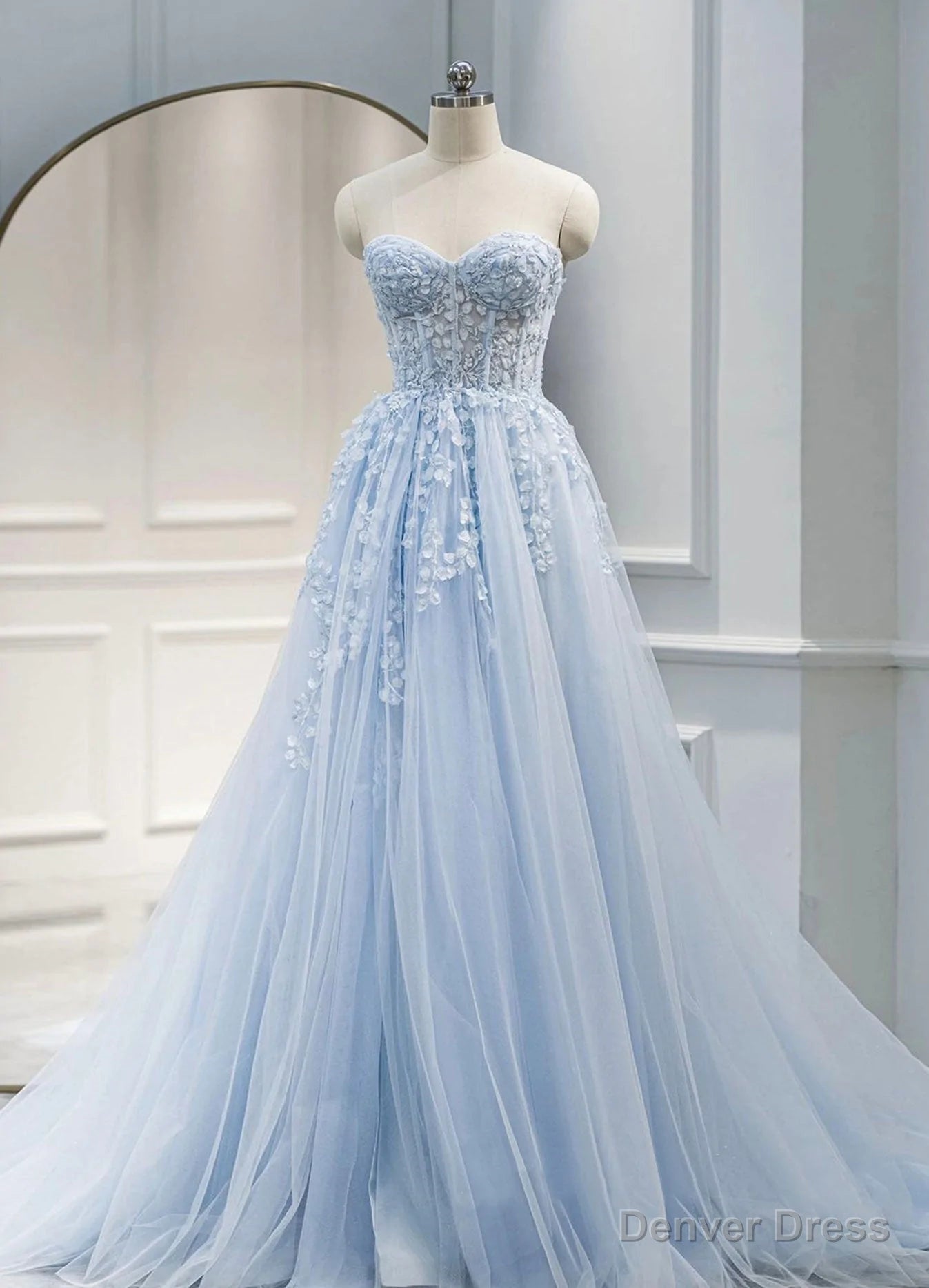 Light Blue Sweetheart Tulle with Lace Long Wedding Party Dress, Blue Prom Dress Main image