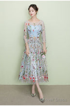 Light Blue Tea Length Lace Floral Wedding Party Dress, Beautiful Formal Dress