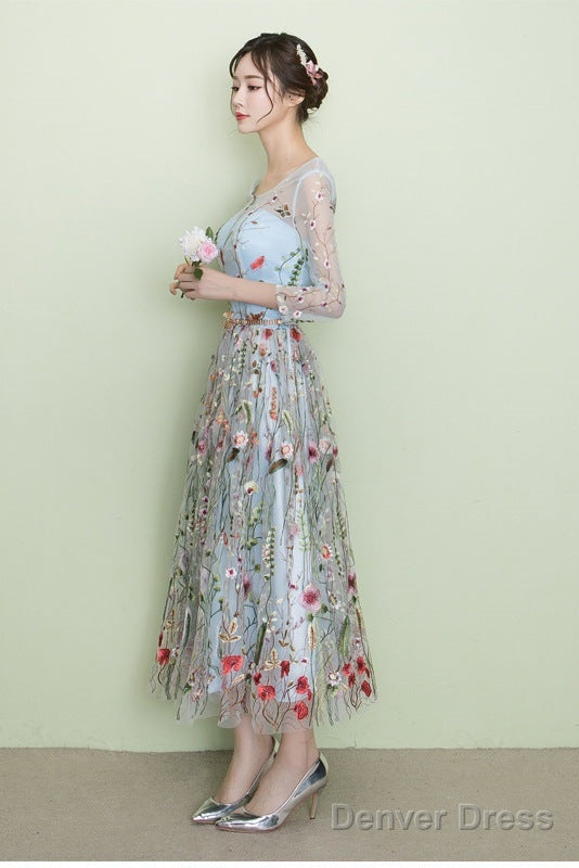 Light Blue Tea Length Lace Floral Wedding Prom Dress, Beautiful Prom Dresses