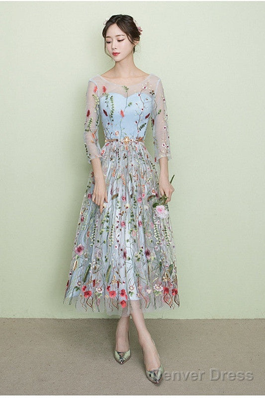 Light Blue Tea Length Lace Floral Wedding Prom Dress, Beautiful Prom Dresses