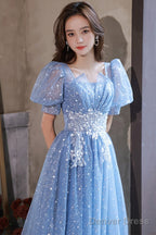 Light Blue Tulle A Line Floor Length Prom Dress, Light Blue Prom Dress