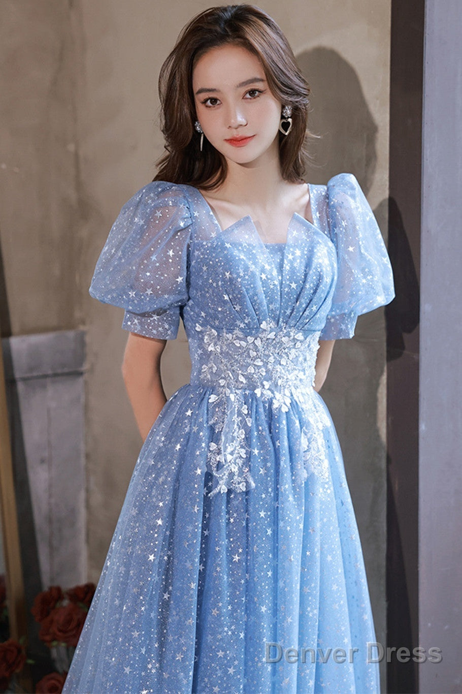 Light Blue Tulle A Line Floor Length Prom Dress, Light Blue Prom Dress