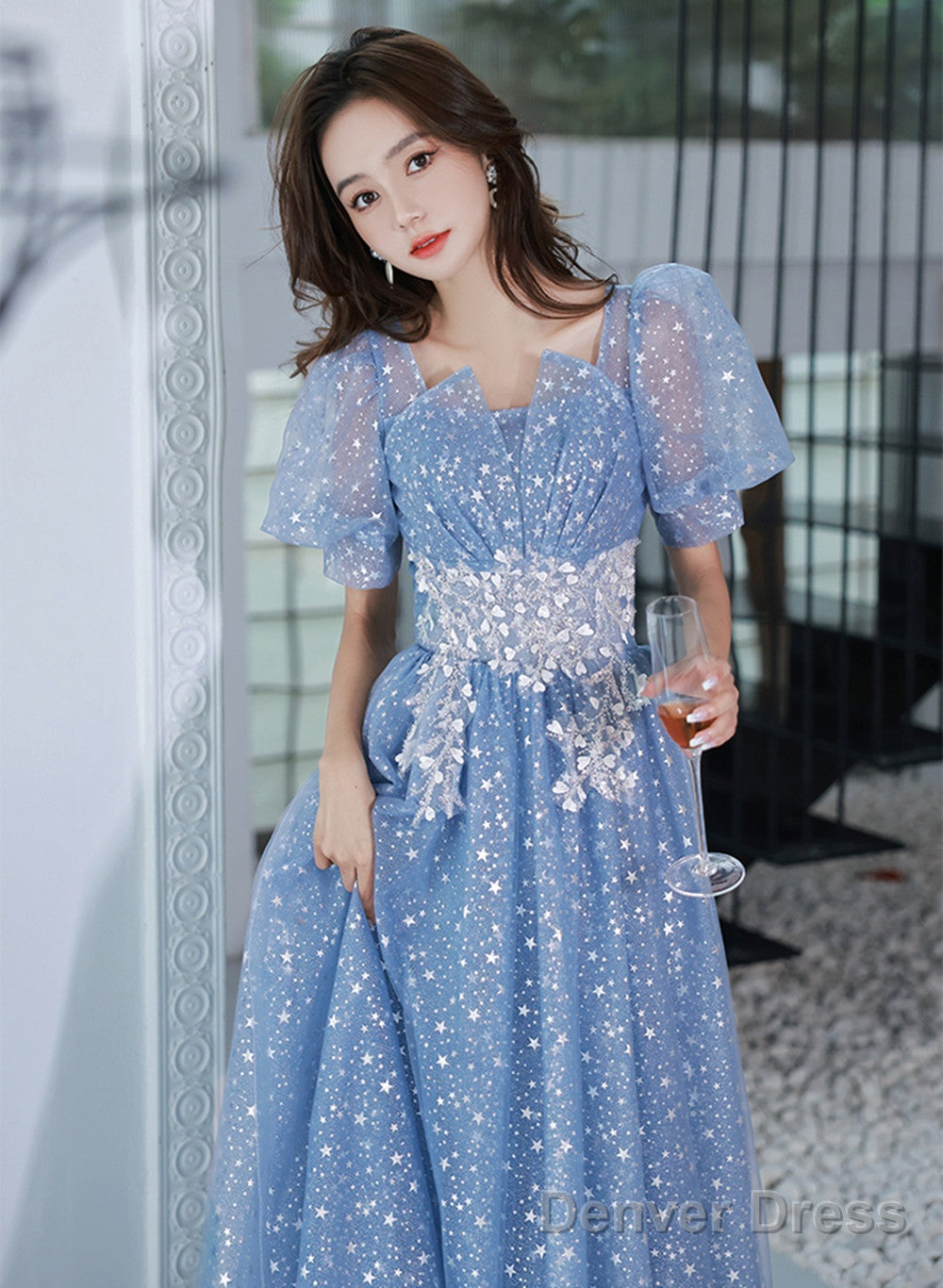 Light Blue Tulle A Line Floor Length Prom Dress, Light Blue Prom Dress