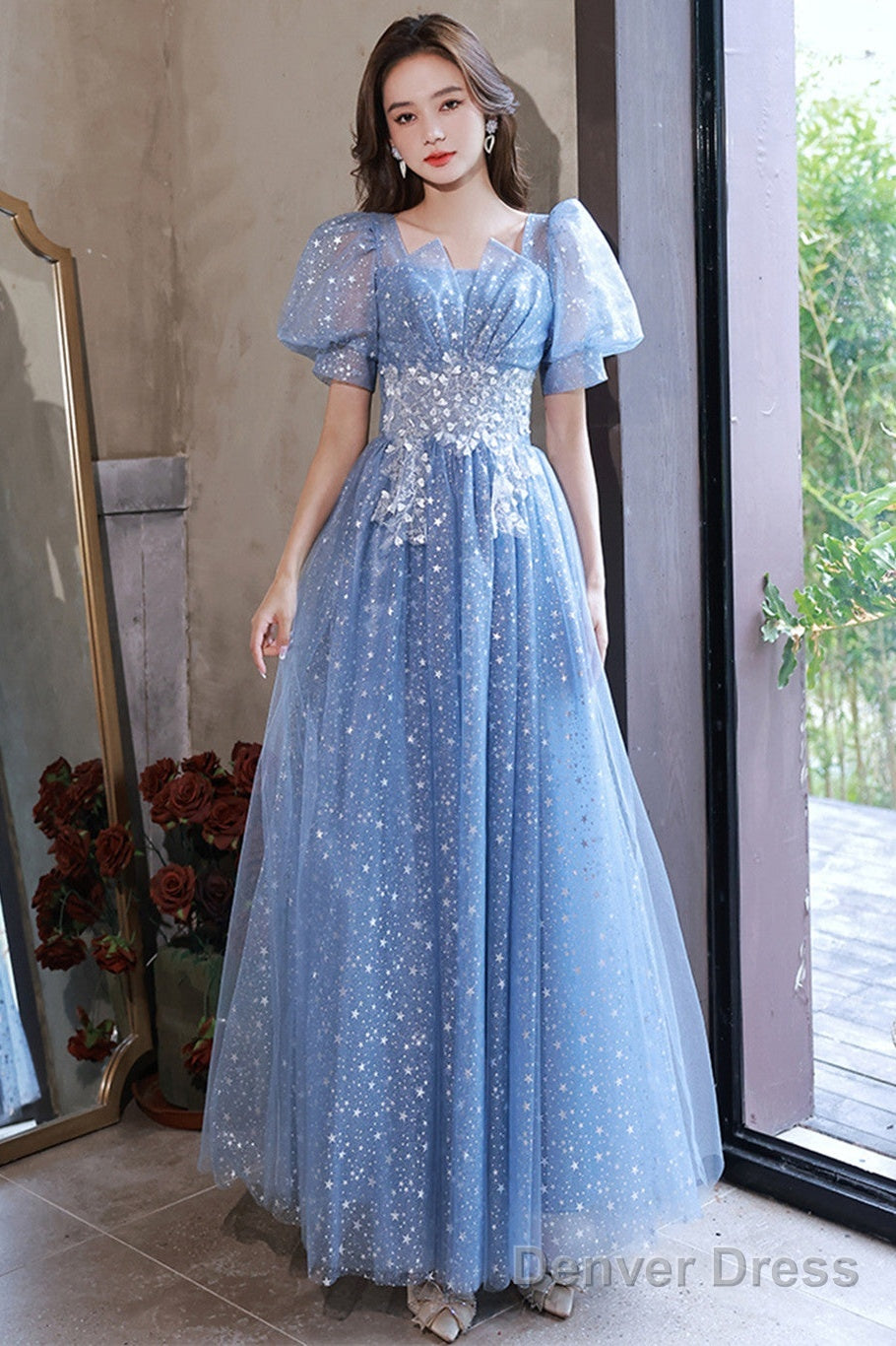 Light Blue Tulle A Line Floor Length Prom Dress, Light Blue Prom Dress