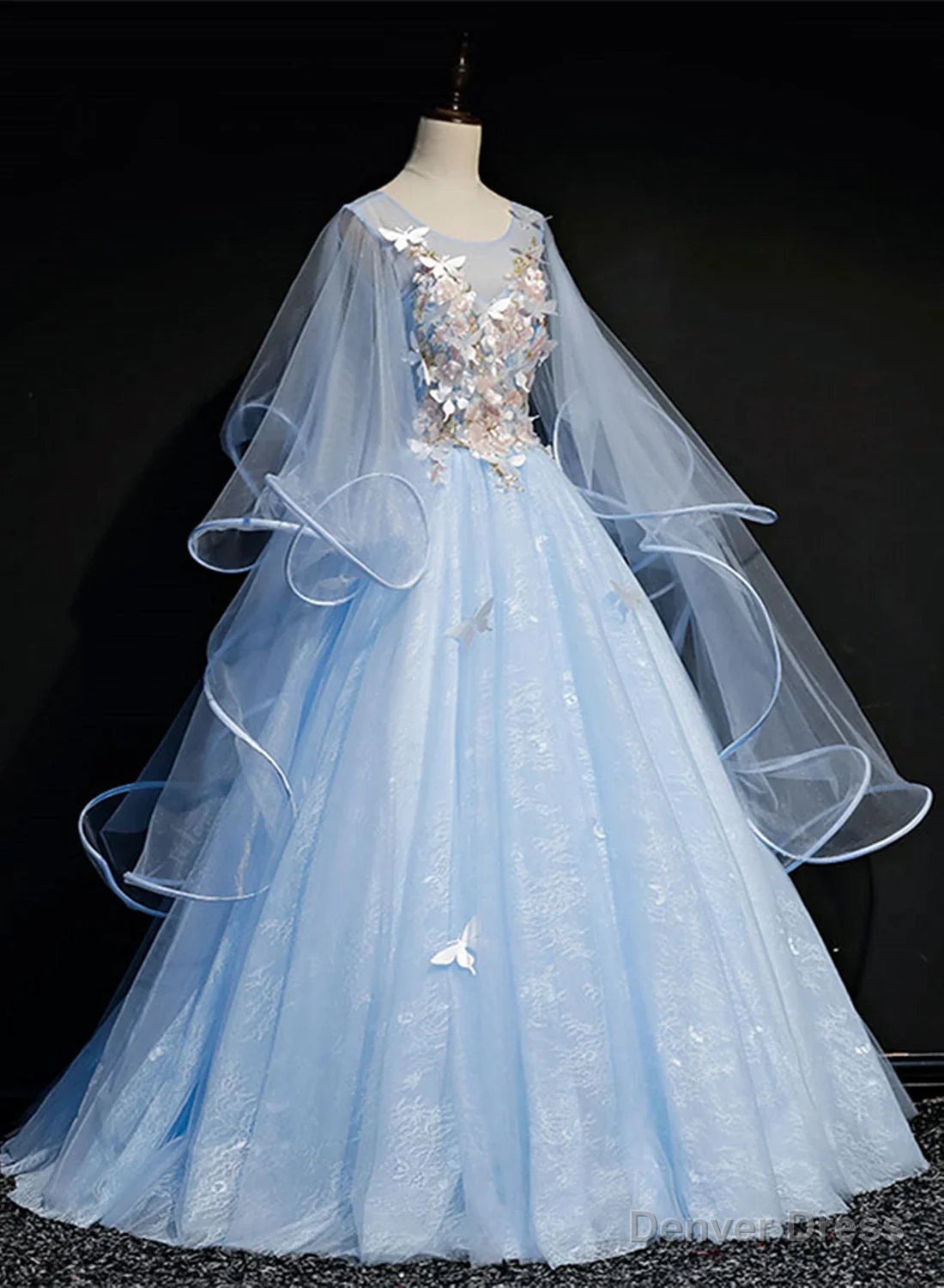 Light Blue Tulle A Line Prom Dress Blue Sweet 16 Gowns with Flowers prom Dresses shops