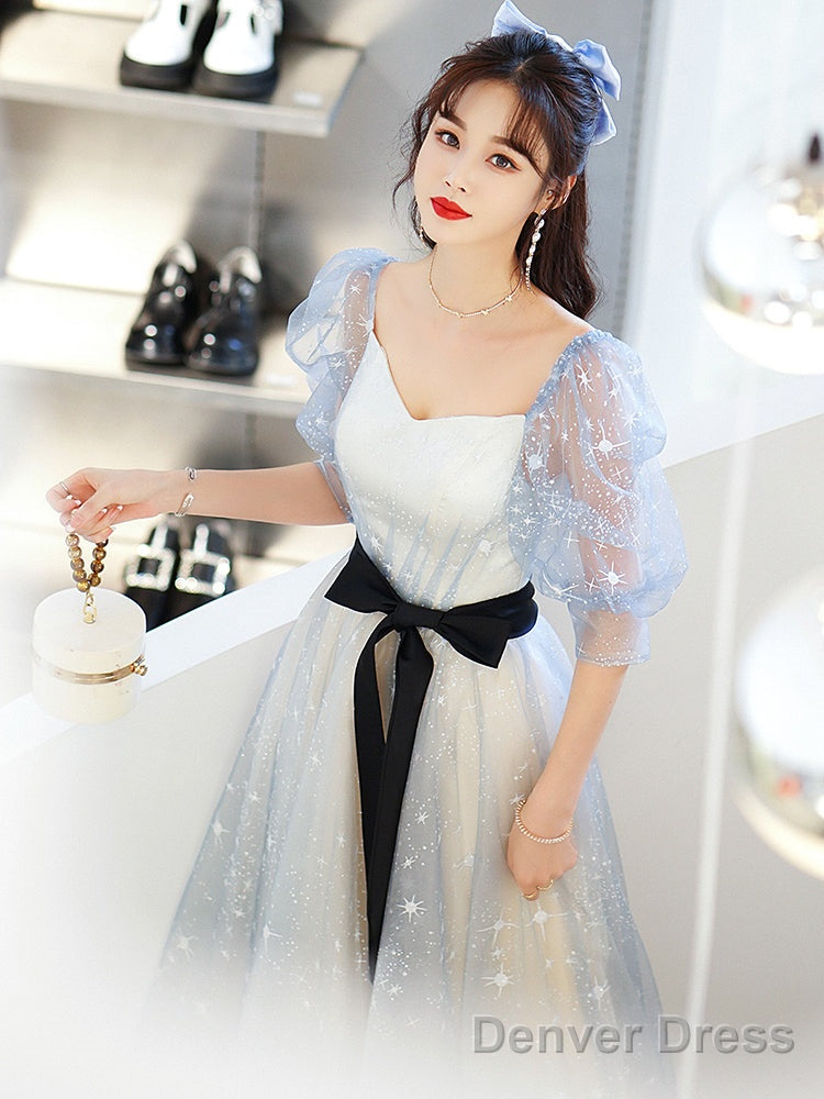 Light Blue Tulle A-Line Short Sleeves Party Dresses, Blue Formal Gowns Prom Dresses Secondary image