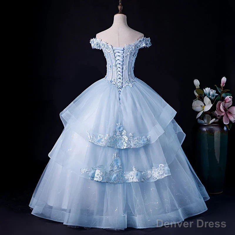 Light Blue Tulle Ball Gown Off Shoulder Sweet 16 Dress Blue Formal Dress with Lace prom dresses shops Secondary image
