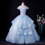 Light Blue Tulle Ball Gowns Off Shoulder Sweet 16 Dress Blue Prom Dress with Lace prom Dresses shops