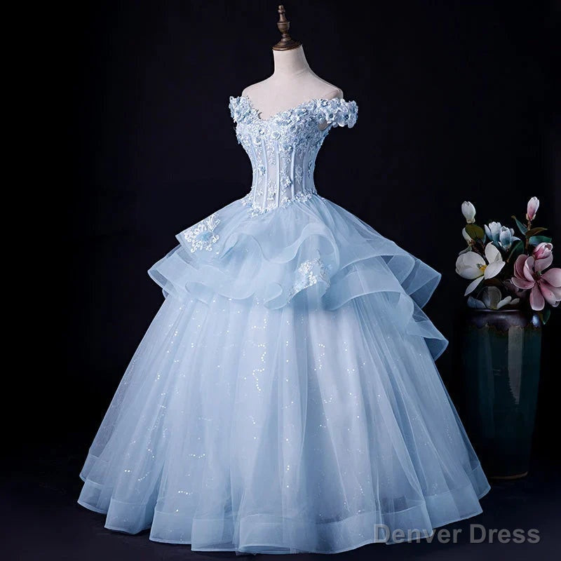 Light Blue Tulle Ball Gowns Off Shoulder Sweet 16 Dress Blue Prom Dress with Lace prom Dresses shops