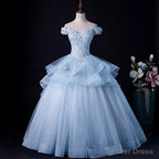 Light Blue Tulle Ball Gowns Off Shoulder Sweet 16 Dress Blue Prom Dress with Lace prom Dresses shops