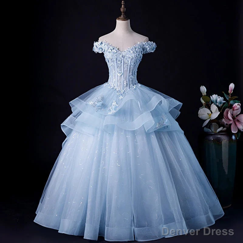 Light Blue Tulle Ball Gowns Off Shoulder Sweet 16 Dress Blue Prom Dress with Lace prom Dresses shops