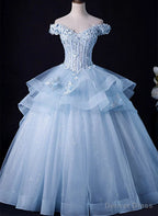 Light Blue Tulle Ball Gowns Off Shoulder Sweet 16 Dress Blue Prom Dress with Lace prom Dresses shops