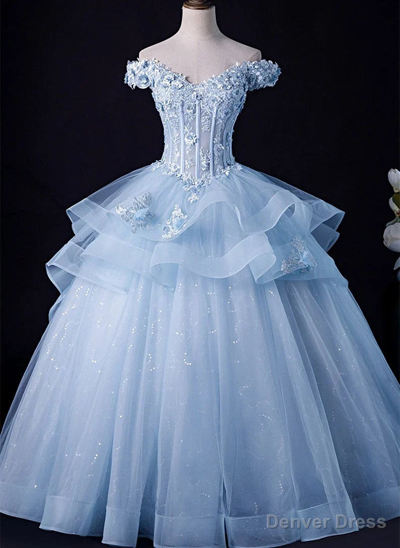 Light Blue Tulle Ball Gowns Off Shoulder Sweet 16 Dress Blue Prom Dress with Lace prom Dresses shops