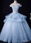 Light Blue Tulle Ball Gowns Off Shoulder Sweet 16 Dress Blue Prom Dress with Lace prom Dresses shops