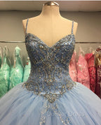 Light Blue Tulle Ball Gowns Quinceanera Dresses With Beaded