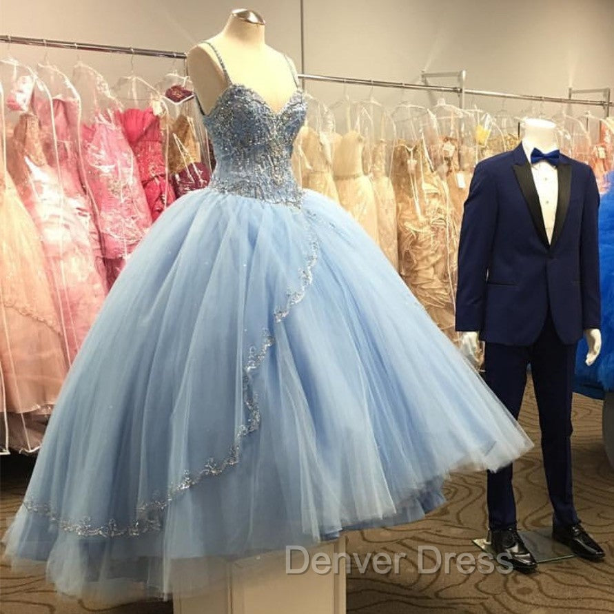 Light Blue Tulle Ball Gowns Quinceanera Dresses With Beaded