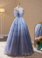 Light Blue Tulle Beaded Long Formal Dresses, Light Blue Shiny Tulle Evening Dresses Prom Dresses