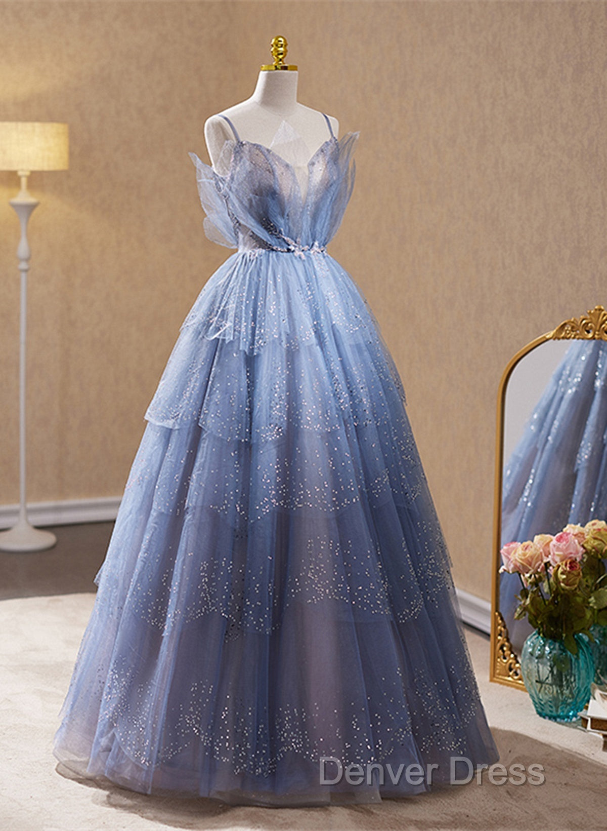 Light Blue Tulle Beaded Long Formal Dresses, Light Blue Shiny Tulle Evening Dresses Prom Dresses