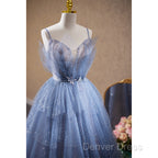 Light Blue Tulle Beaded Long Formal Dresses, Light Blue Shiny Tulle Evening Dresses Prom Dresses