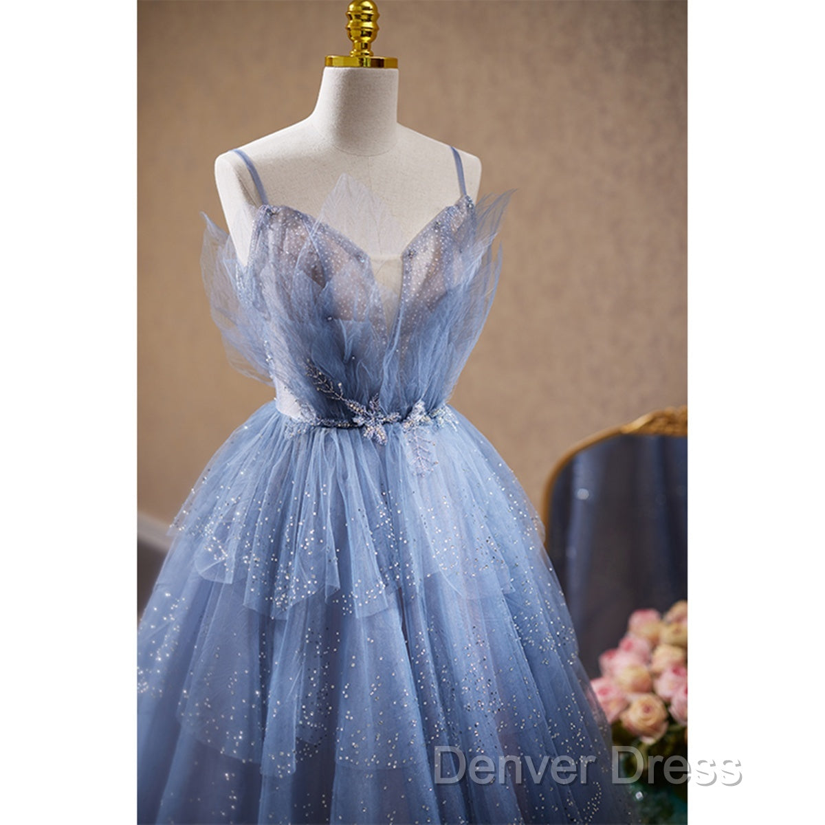 Light Blue Tulle Beaded Long Formal Dresses, Light Blue Shiny Tulle Evening Dresses Prom Dresses