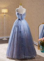 Light Blue Tulle Beaded Long Formal Dresses, Light Blue Shiny Tulle Evening Dresses Prom Dresses