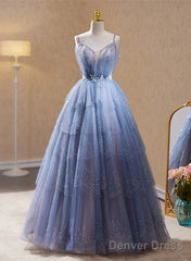 Light Blue Tulle Beaded Long Formal Dress, Light Blue Shiny Tulle Evening Dress Prom Dress