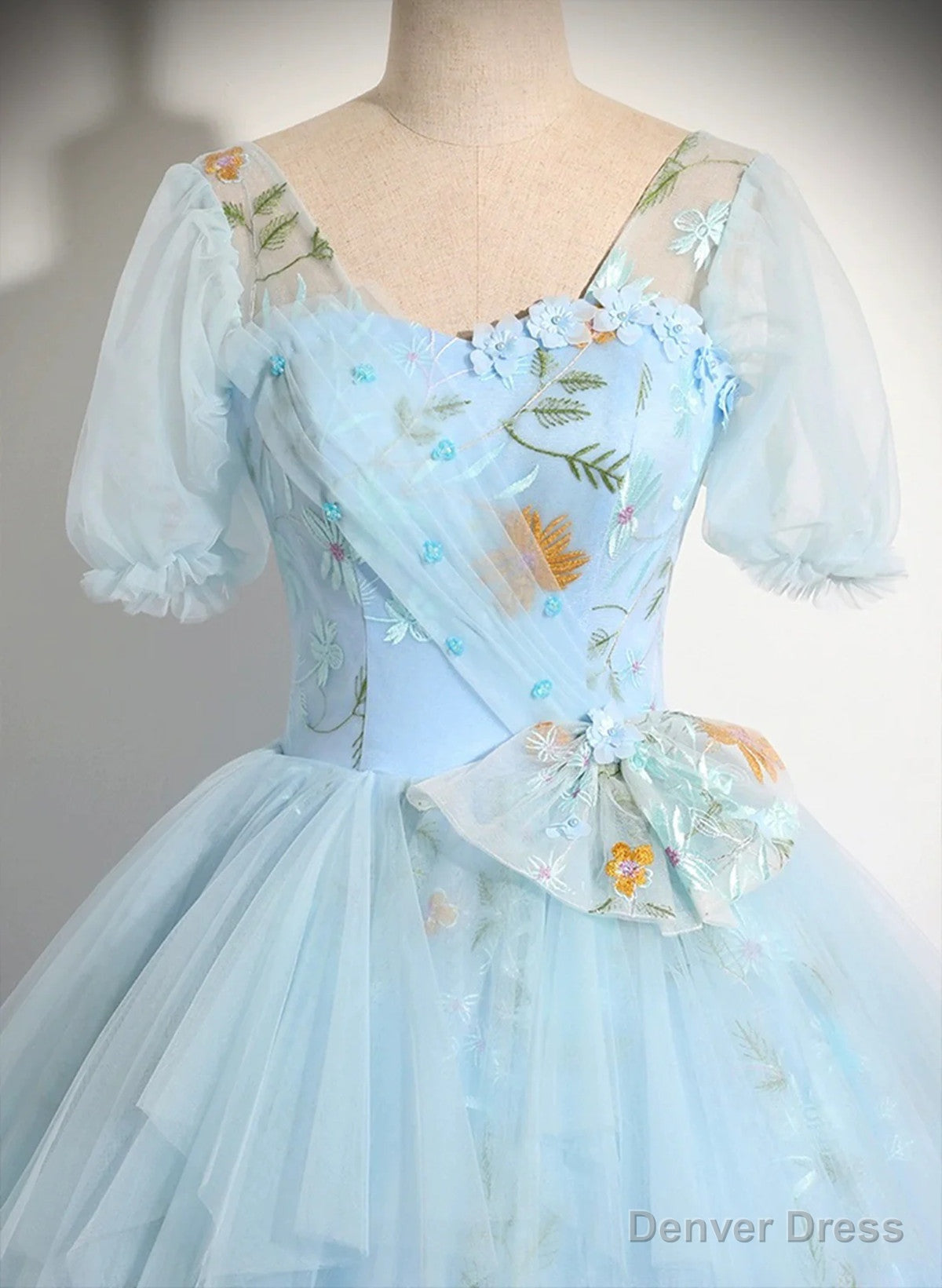 Light Blue Tulle Floor Length Prom Dress, Beautiful Short Sleeves Sweet 16 Dresses Secondary image
