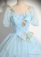 Light Blue Tulle Floor Length Prom Dress, Beautiful Short Sleeves Sweet 16 Dresses