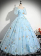 Light Blue Tulle Floor Length Prom Dress, Beautiful Short Sleeves Sweet 16 Dresses