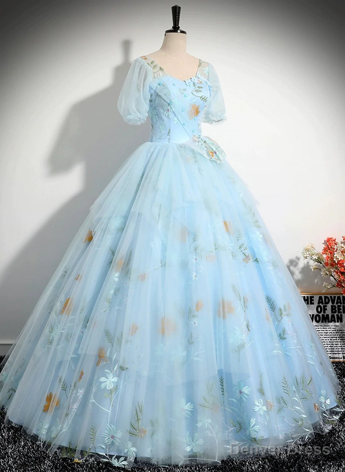 Light Blue Tulle Floor Length Prom Dress, Beautiful Short Sleeves Sweet 16 Dresses
