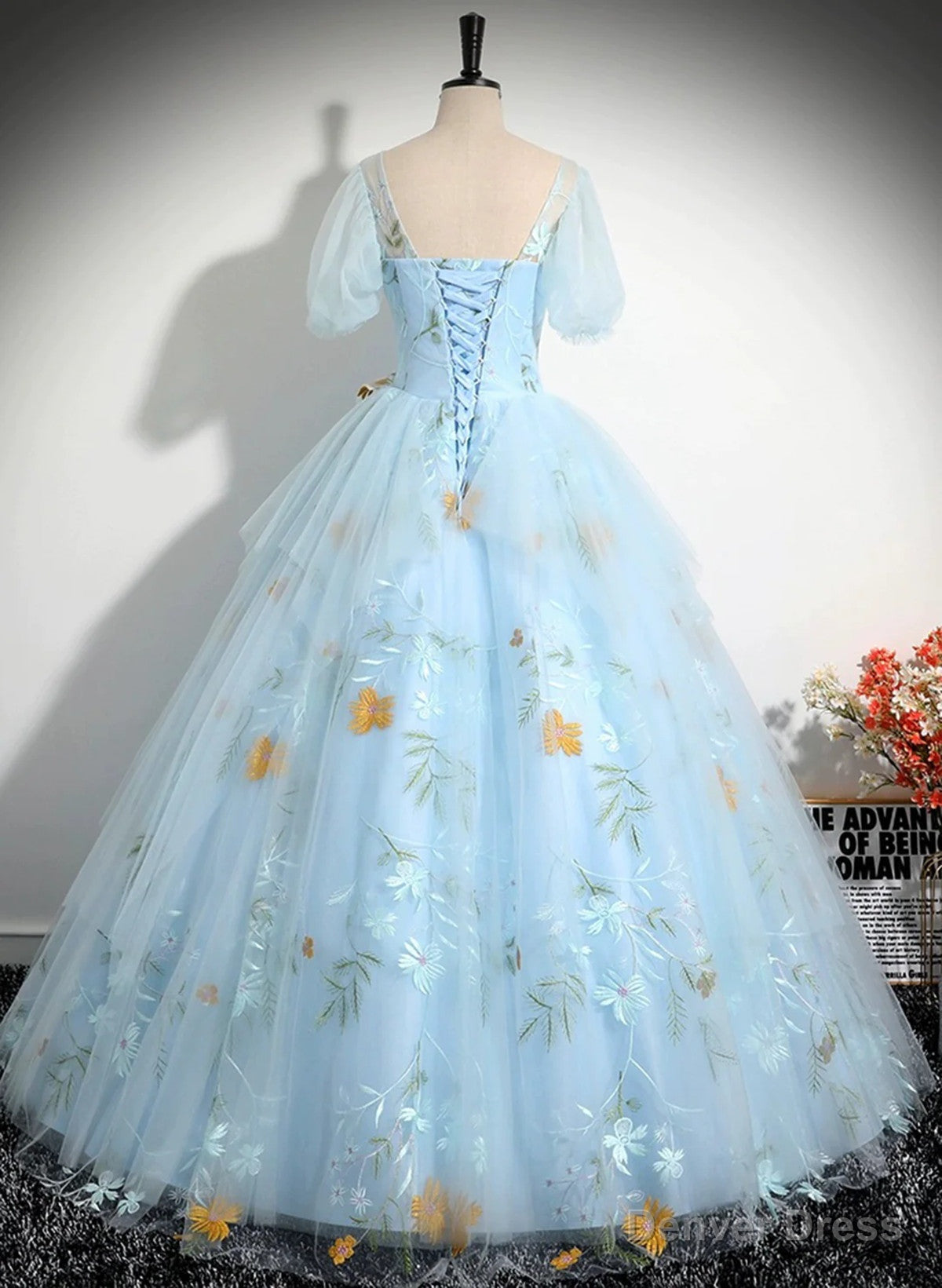 Light Blue Tulle Floor Length Prom Dress, Beautiful Short Sleeves Sweet 16 Dresses