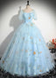 Light Blue Tulle Floor Length Prom Dress, Beautiful Short Sleeves Sweet 16 Dresses