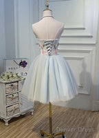 Light Blue Tulle Floral Short Sweetheart Homecoming Dress, Blue Prom Dresses