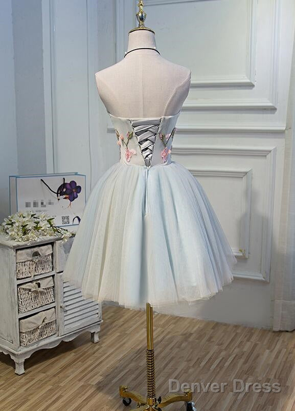 Light Blue Tulle Floral Short Sweetheart Homecoming Dress, Blue Prom Dresses