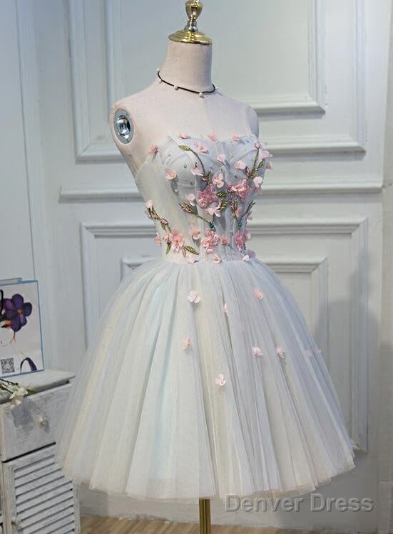 Light Blue Tulle Floral Short Sweetheart Homecoming Dress, Blue Prom Dresses Main image