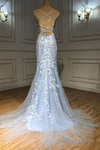 Light Blue Tulle Lace Appliques Long Mermaid Prom Dress, Open Back Party Dress