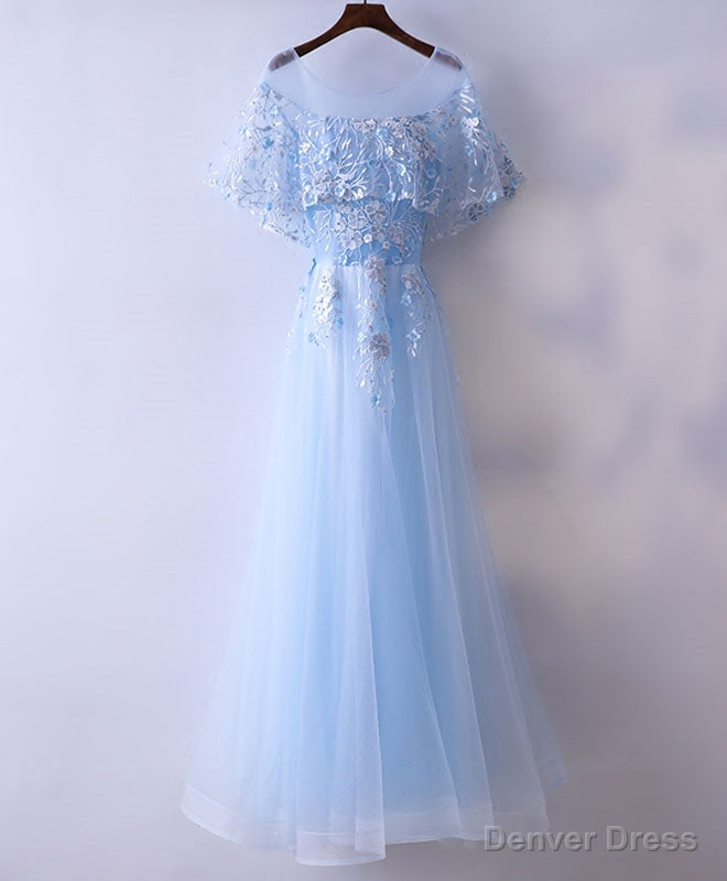 Light Blue Tulle Lace Long Prom Dress, Blue Lace Graduation Dresses