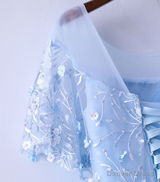 Light Blue Tulle Lace Long Prom Dress, Blue Lace Graduation Dresses