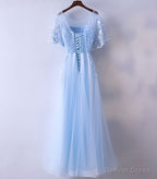 Light Blue Tulle Lace Long Prom Dress, Blue Lace Graduation Dresses