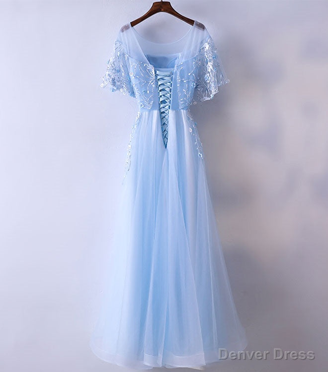 Light Blue Tulle Lace Long Prom Dress, Blue Lace Graduation Dresses