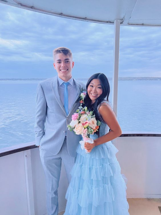Light Blue Tulle Layered Long Prom Dress Elegant Prom Dresses