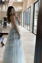 Light Blue Tulle Layered Long Prom Dress Elegant Prom Dresses