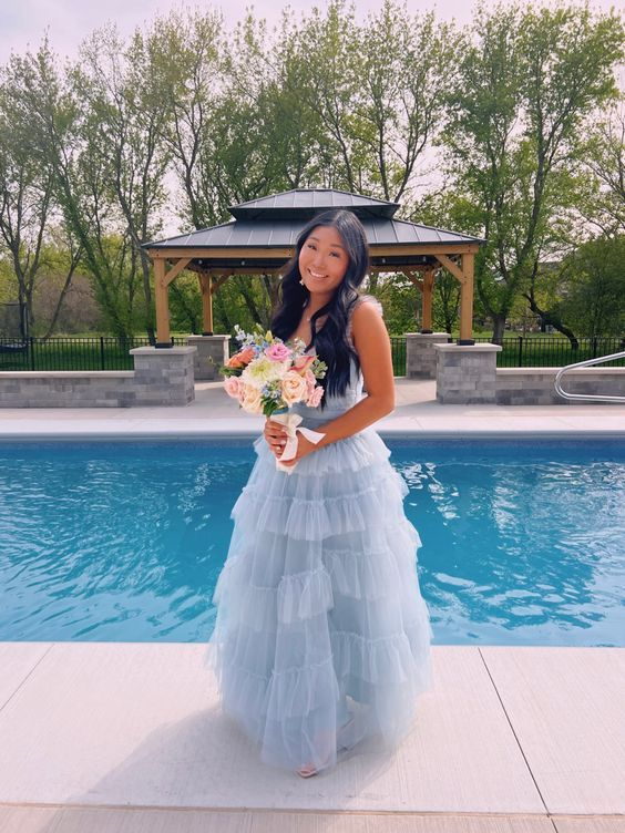 Light Blue Tulle Layered Long Prom Dress Elegant Prom Dresses