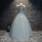 Light Blue Tulle Long Prom Dress Prom Dress, Blue Tulle Prom Dresses with Flowers